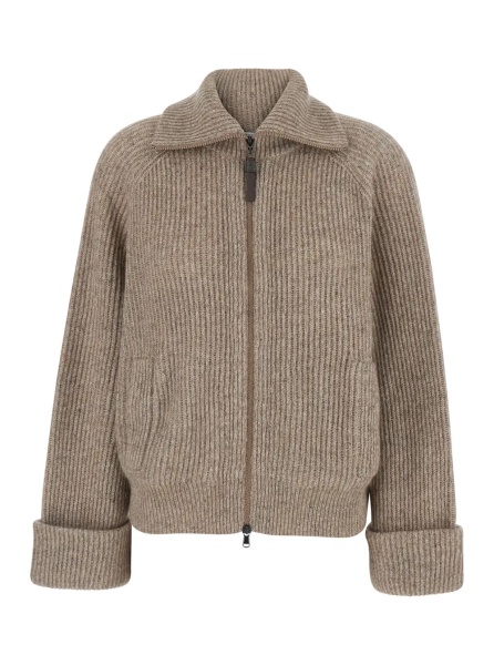 Cardigane Brown High-neck cardigan with front zip closure in wool for women