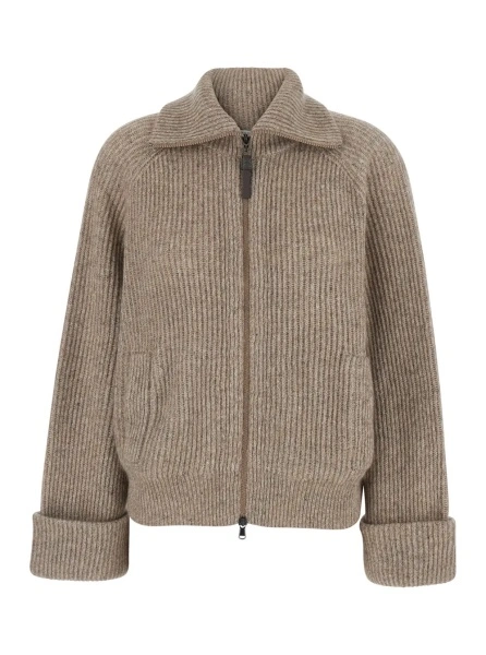 Cardigane Brown High-neck cardigan with front zip closure in wool for women