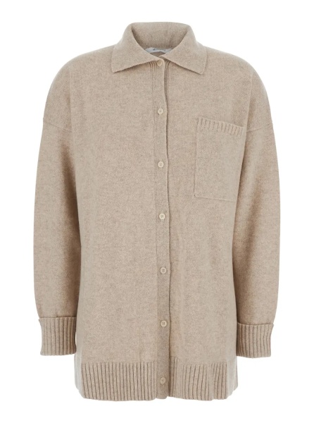 Cardigane 'Bull' Beige Cardigan with Classic Collar and One Front Patch Pocket in Cashmere Woman
