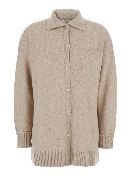 Cardigane 'Bull' Beige Cardigan with Classic Collar and One Front Patch Pocket in Cashmere Woman