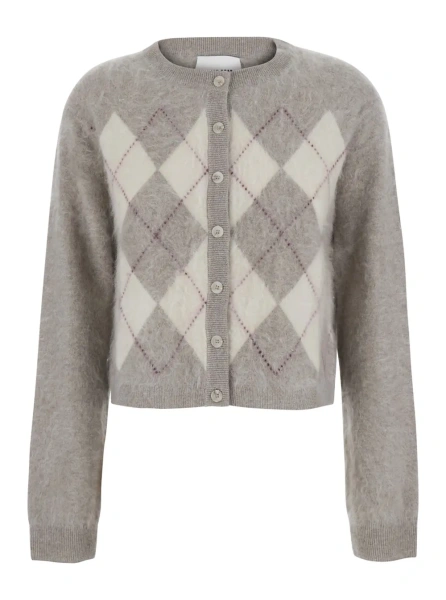 Cardigane Grey Crew-neck cardigan with argyle motif on the front and cropped design in wool for women
