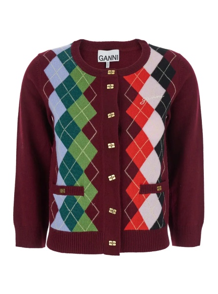 Cardigane Multicolor Crewneck Cardigan with Jewel Buttons and Gemetric Motif on the Front in Wool and Cashmere Woman