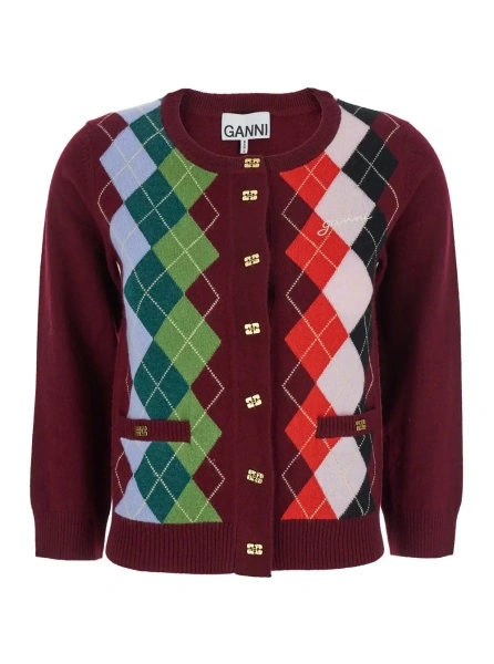 Cardigane Multicolor Crewneck Cardigan with Jewel Buttons and Gemetric Motif on the Front in Wool and Cashmere Woman