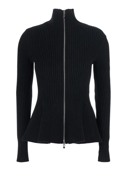 Cardigane Peplum Cardigan with Engineered Stripes in Black Tech Fabric for Women