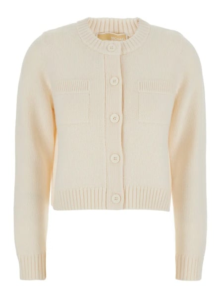 Cardigane White Crewneck Cardigan with Ribbed Trims in Wool Woman