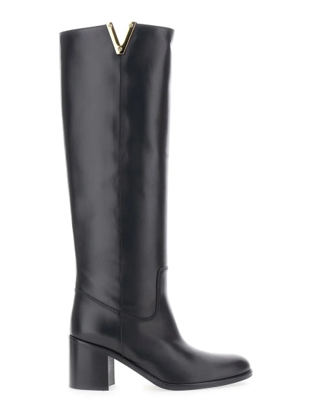 Cizme Black Knee-High Boots with Cut-Out on the Side and Logo Plaque in Leather Woman