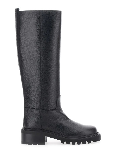 Cizme Black Knee-High Slip-On Boots in Grained Leather Woman