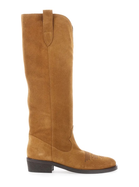 Cizme Brown suede round toe low block heel boots for women