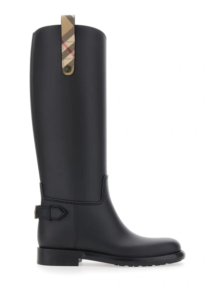 Cizme 'Cavalier' Black Rain Boots with Check heel tab and back buckle strap in rubber for women