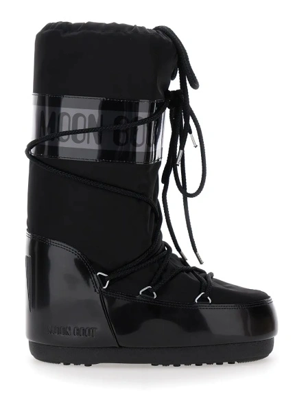 Cizme Snow Boots 'Icon' with Maxi Logo Print on the Side in Black Tech Fabric for Women