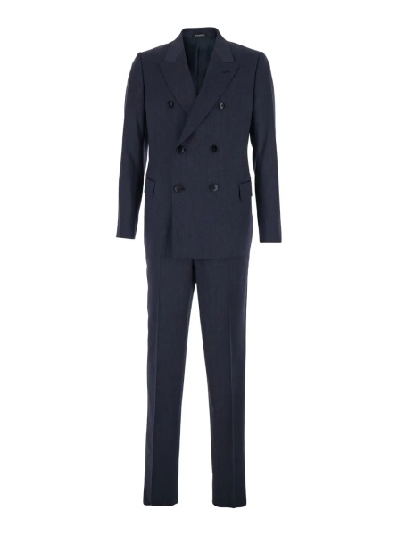 Costum Double-breasted Suit with Peak Revers in Blue Wool for Men