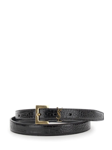 Curea Thin Belt with Cassandre Detail in Black Crocodile-embossed Leather for Women