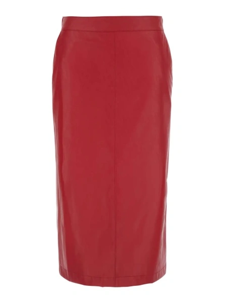 Fusta Red Skirt with single slit at the back and hidden zip closure on the side in ecoleather for women