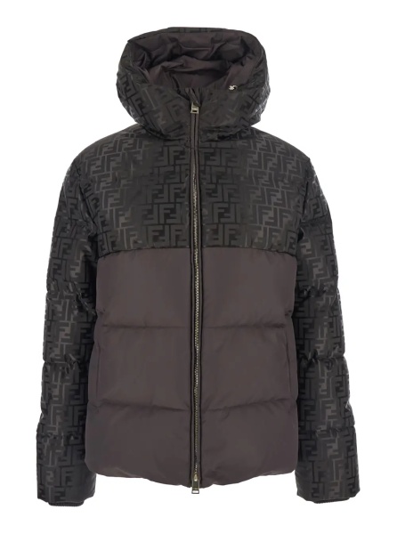 Geaca de Iarna Brown Down Jacket with Drawstring Hood and FF Motif in Tech Fabric Woman