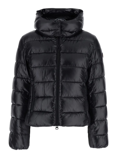 Geaca de Iarna 'Cosmary' black Down jacket with hood and logo patch on the sleeve in Tech Fabric women