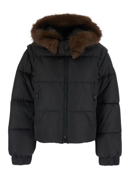 Geaca de Iarna 'Godetia' Brown Down jacket with hood with fur and quilted design in Tech Fabric Brown women