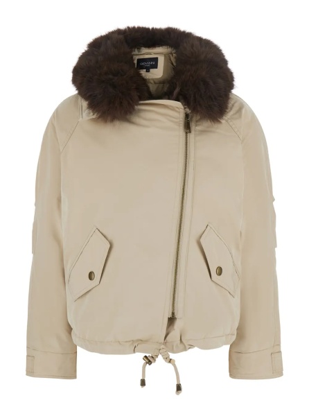 Geaca Parka Beige fur coat with removable fur collar and off-centre front closure in Tech Fabric for women
