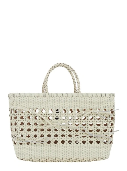 Geanta de mana 'Biscuit Tote' White Handbag with Double Round Handles and Woven Design in Leather for Women