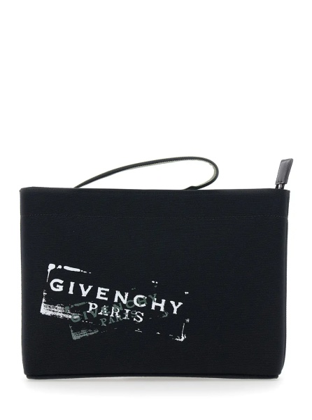 Geanta de mana Black Pouch with Top Handle and Logo Print on Front in Cotton for Men