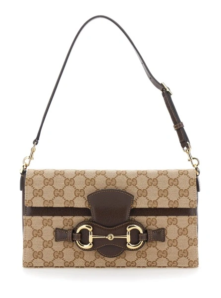 Geanta de mana Brown Handbag with adjustable and removable shoulder strap and Horsebit on the front in GG Canvas for women