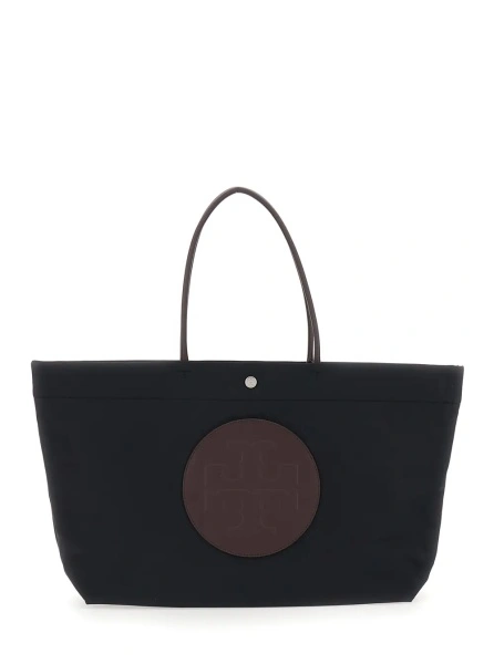 Geanta de mana Ella Twist Tote Bag with Two Top Handles and Logo on Front in Black Ecoleather for Women