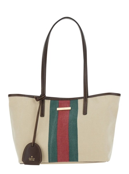 Geanta de mana 'Essence' White Tote bag with Logo Plate on the Front and Web Stripe in Leather for Women