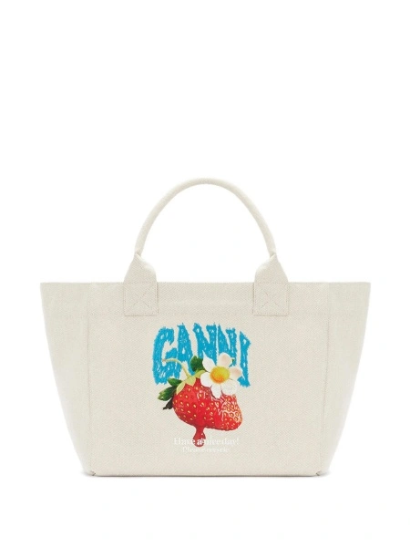 Geanta de mana Ganni alba din material textil