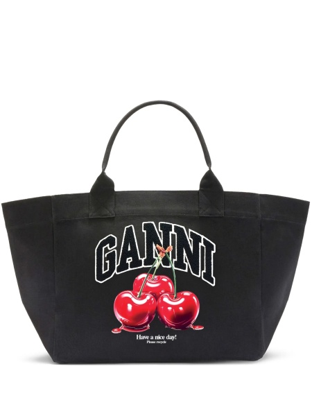 Geanta de mana Ganni neagra din bumbac reciclat
