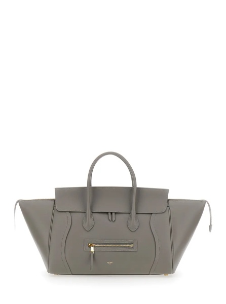 Geanta de mana 'Luggage' Gray Medium Handbag with Adjustable and Removable Shoulder Strap and Logo Lettering on the Front in Leather for Women