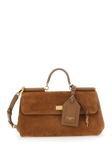 Geanta de mana 'My Sicily' Brown Medium Handbag with Lock Detail and Adjustable and Removable Strap in Suede for Women
