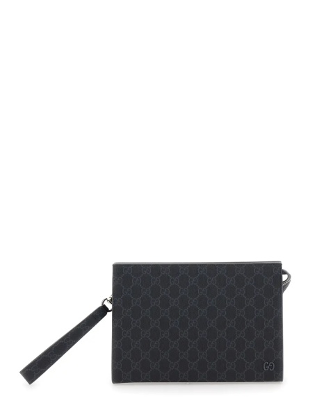 Geanta de mana Pouch with GG detail in GG Canvas and gray leather finishes Black Men