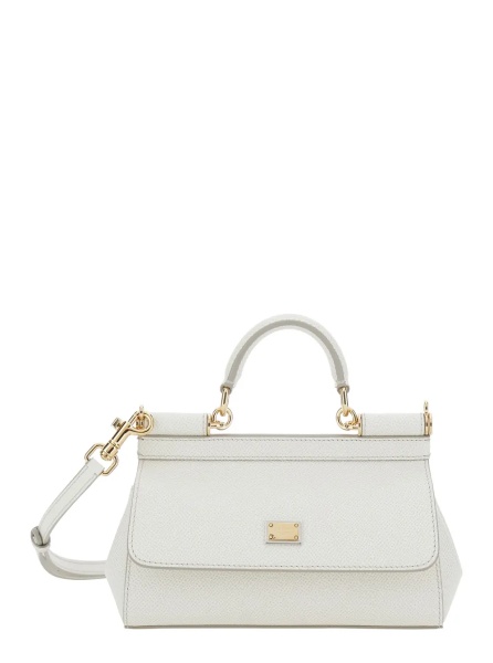 Geanta de mana 'Sicily' White Handbag with Adjustable and Removable Shoulder Strap and Logo Plate on the Front in Leather for Women