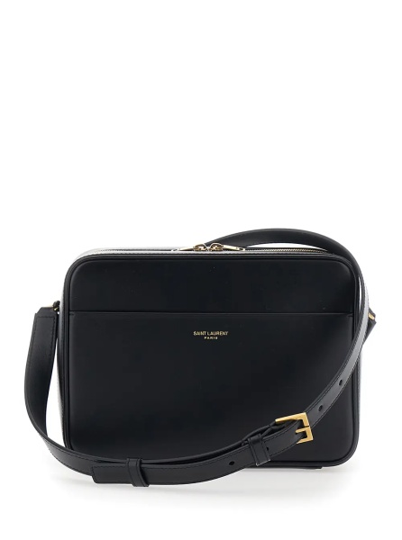Geanta de umar Black Crossbody bag with adjustable and removable strap and logo lettering on the front in smooth leather for men