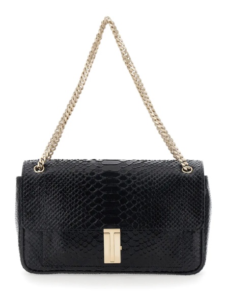 Geanta de umar black Crossbody bag with T closure in glossy snake effect leather for women