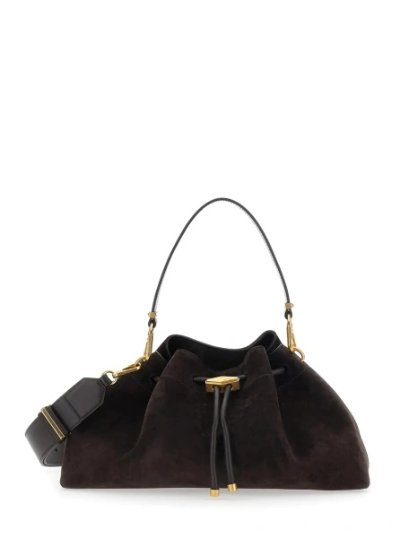 Geanta de umar 'Bon Bon' Brown Shoulder bag with Drawstring Closure and Embossed Logo on Front in Suede for Women
