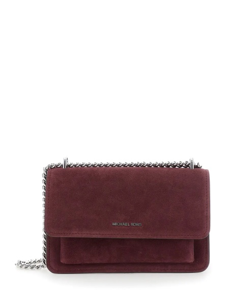 Geanta de umar Bordeaux Shoulder Bag with Chain Strap and Front Logo in Suede Woman