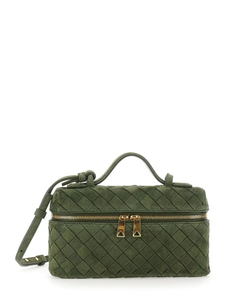 Geanta de umar Bottega Veneta verde din piele intoarsa 'Bang Bang'