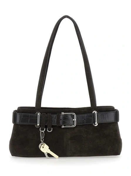 Geanta de umar 'Brocle' Brown Shoulder Bag with Belt and Pendant Key Details in Suede Woman