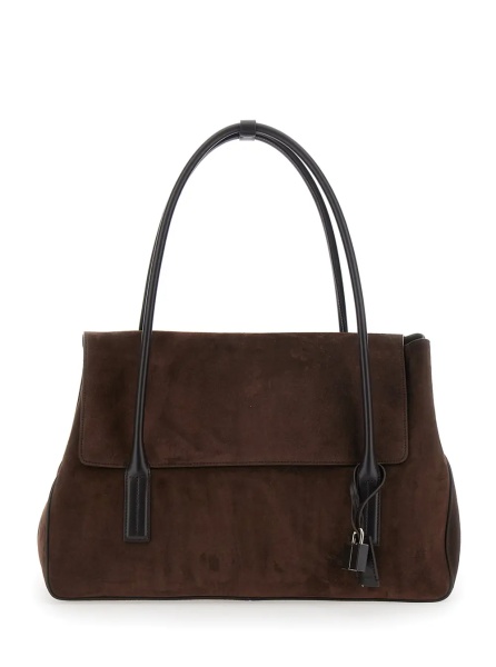 Geanta de umar Brown Large Shoulder Bag with Padlock Details on the Front in Suede Woman