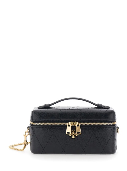 Geanta de umar 'Charlie' Black vanity case with Adjustable and Removable Shoulder Strap and Logo Plate on the Front in Quilted Leather for Women