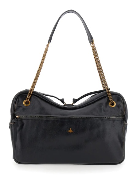 Geanta de umar 'Dolce Large' black Crossbody bag with metallic logo on the front in textured leather for women