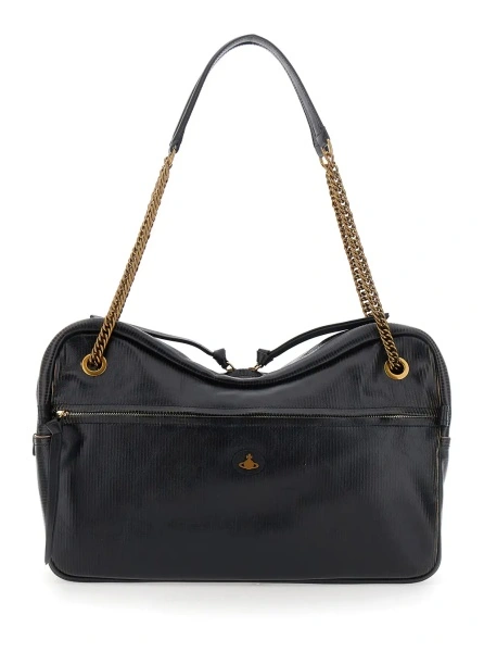 Geanta de umar 'Dolce Large' black Crossbody bag with metallic logo on the front in textured leather for women