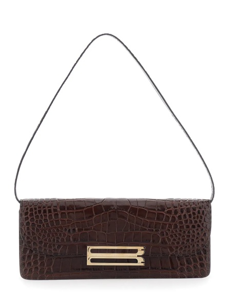 Geanta de umar 'Dorian East-West' Brown Shoulder Bag with Plaque Closure on the Front and Crocodile-Embossed Effect in Leather for Women