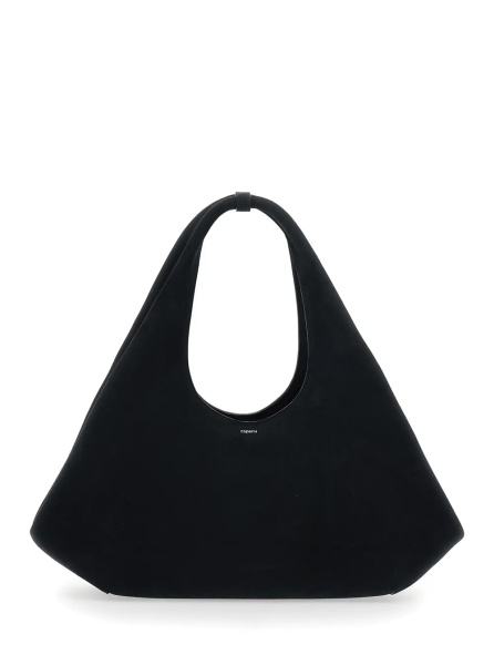 Geanta de umar 'Folded' Black Shoulder Bag with Top Handle and logo lettering on the Front in Suede Woman