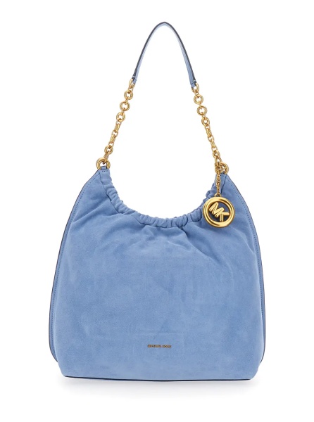 Geanta de umar 'Indie Large' Light blue Shoulder bag with chain strap and logo plate on the front in suede women