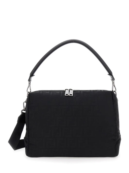 Geanta de umar 'Lui Large' Black Shoulder Bag with All-Over FF Motif in Tech Fabric Man