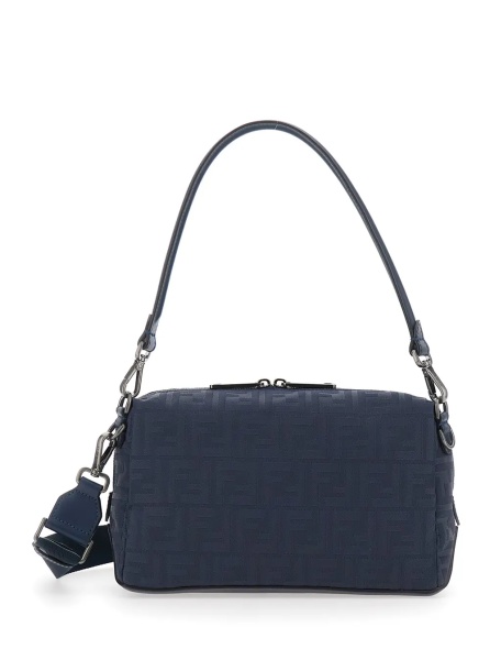 Geanta de umar 'Lui Medium' Blue Shoulder Bag with FF All-Over Motif in Tech Fabric Man