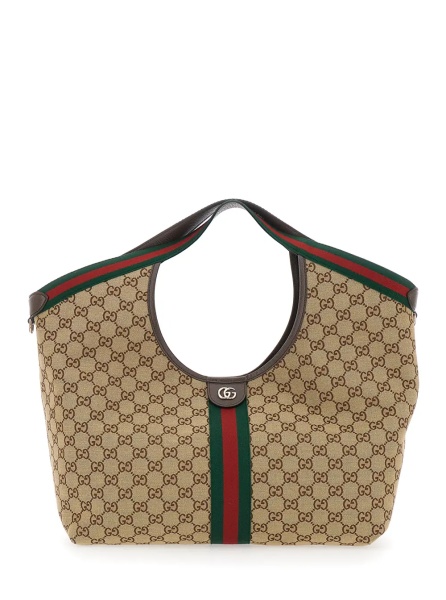 Geanta de umar Shoulder Bag 'Giglio' with GG All-Over Motif and Metallic Logo on the Front in Beige Fabric for Women