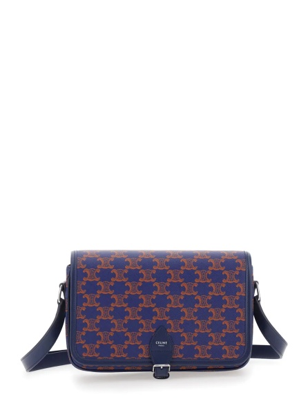 Geanta de umar Small 'Folco' Crossbody Bag with Adjustable Strap and Logo on Front in Triomphe Canvas and Blue Leather for Women