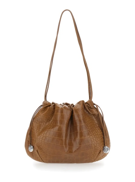 Genti Brown Clutch with Charm and Drawstring Closure in Leather for Women